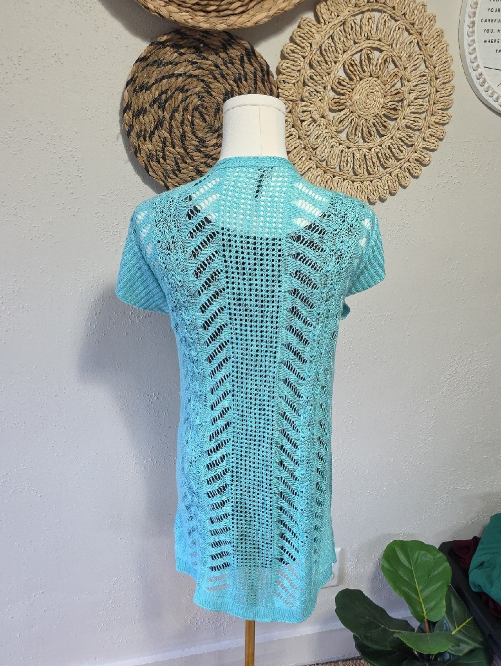 Maurices Aqua Open-Knit Short Sleeve Cardigan Womens L Y2K Vibes 2011 Vibes
